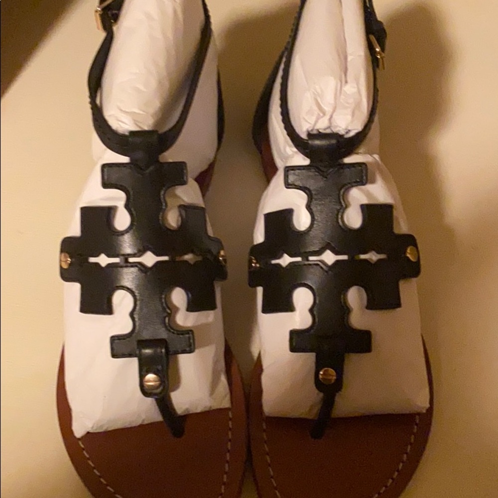 Tory Burch Black and White Leather Thong Sandals